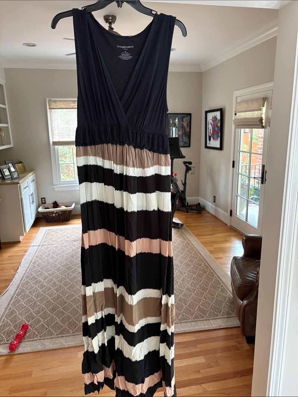 Liz Lange for Target Sleeveless V-Neck Striped Maxi Dress in Black, White & Tan